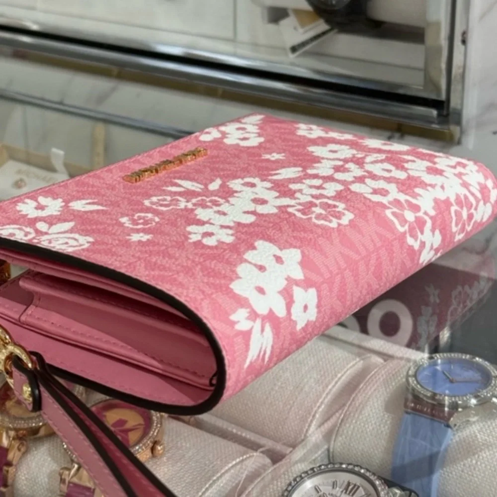 MICHAEL KORS JST Lg Double Zip Printed Sign Logo Wristlet Wallet CARNATION